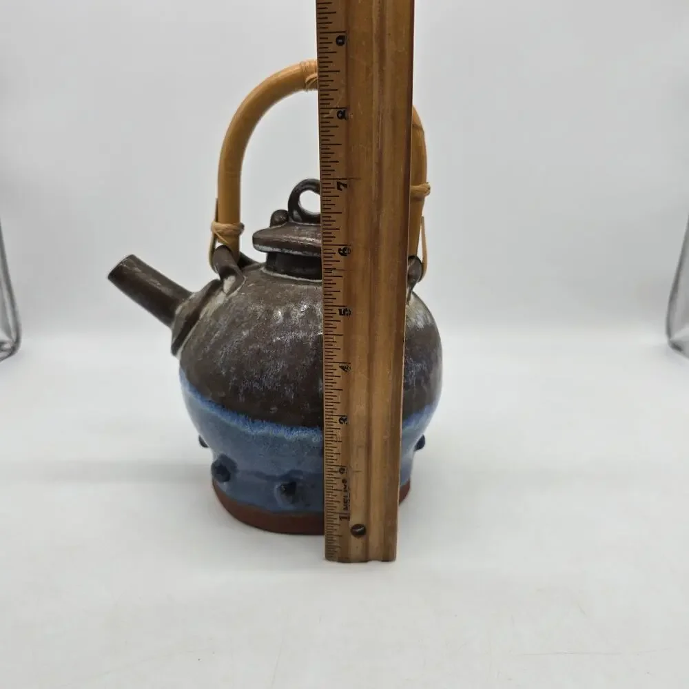 Vintage Hand Thrown Bamboo Handle Teapot Retro Blue and Brown Artist Signed